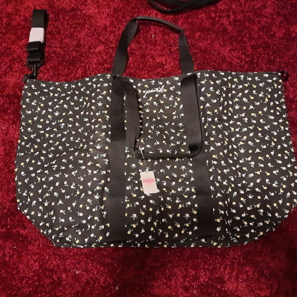 Victoria's Secret PINK Black Floral Zip Tote Weekender Carry On